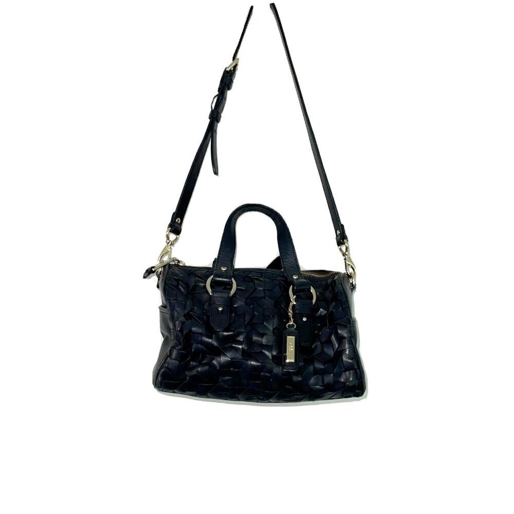 Cole Haan Leather Handbag Womens Woven Barrel Satchel Detachable Strap Black